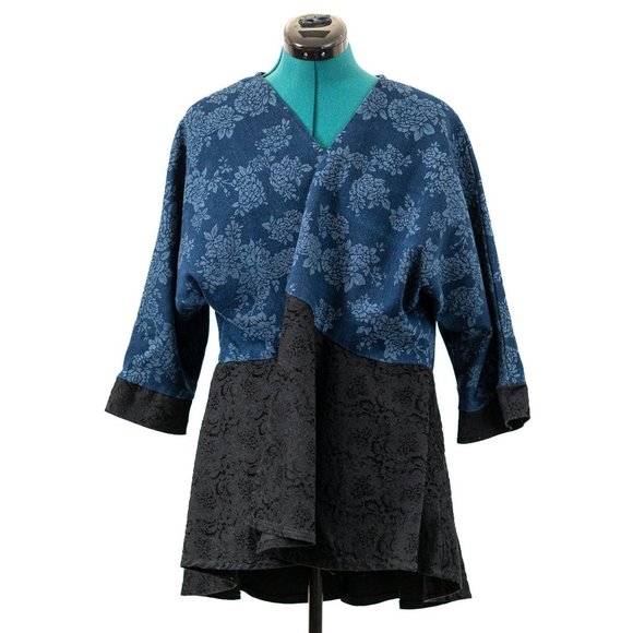 Handmade Peplum Jacket Denim Brocade Blue Black Floral Cottage - Picture 1 of 2